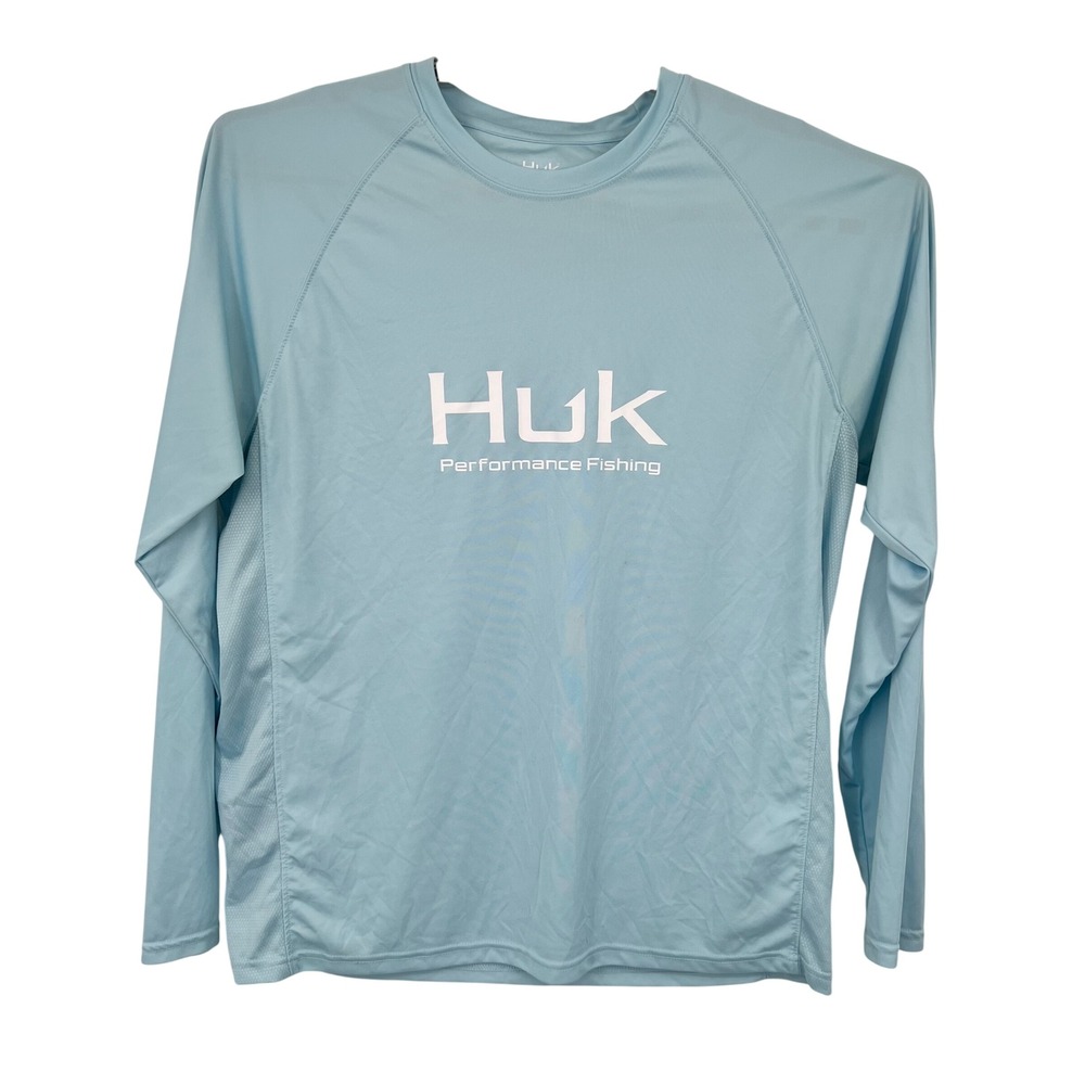 Huk Mens Performance Fishing Long Sleeve Shirt Light Blue Mesh Panels Size L